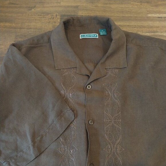 Cubavera Linen Blend Button-Up Shirt Mens XL Brown Embroidered Short Sleeve. Ple - Picture 1 of 13